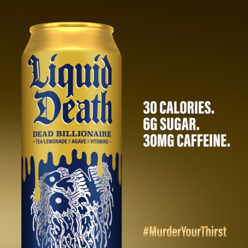 Liquid Death, Dead Billionaire Iced Tea, Half Lemonade Half Black Tea Perspective: right
