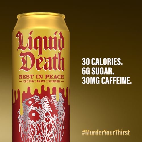 Liquid Death, Rest in Peach Iced Tea, Peach Flavored Back Tea Perspective: right