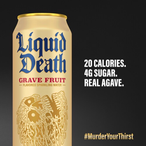 Liquid Death, Grave Fruit, Grapefruit-Flavored Sparkling Water Perspective: right