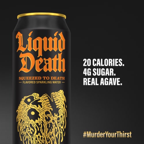 Liquid Death, Squeezed to Death, Orange-Flavored Sparkling Water Perspective: right