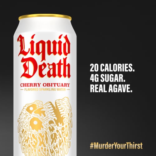 Liquid Death, Cherry Obituary, Cherry-Flavored Sparkling Water Perspective: right