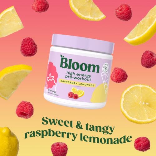 Bloom Raspberry Lemonade High Energy Pre-Workout Supplement Powder Perspective: right