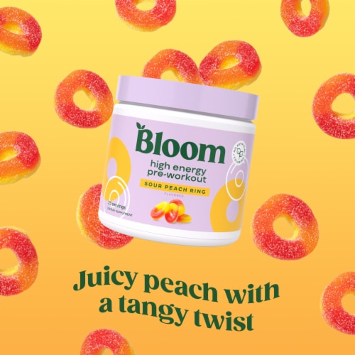 Bloom Sour Peach Ring High Energy Pre-Workout Supplement Powder Perspective: right
