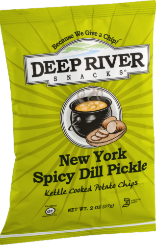 Deep River Snacks New York Spicy Dill Pickle Kettle Cooked Potato Chips Perspective: right