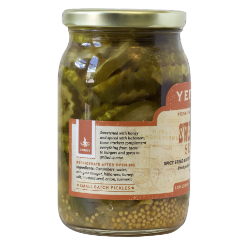 YeeHaw Pickle Co. Sweet & Spicy Stackers Bread & Butter Pickles with Fresh Habanero Perspective: right