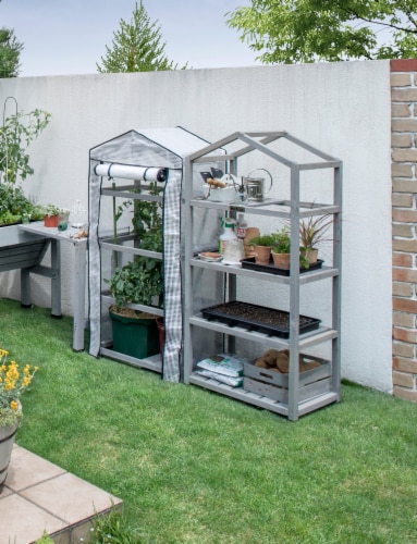 VT Nursery - 4 Tier Wooden Greenhouse FSC 100% Gray Wash (with PE cover) Perspective: right