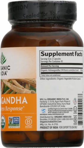 Organic India Ashwagandha Vegetarian 800mg Capsules Perspective: right