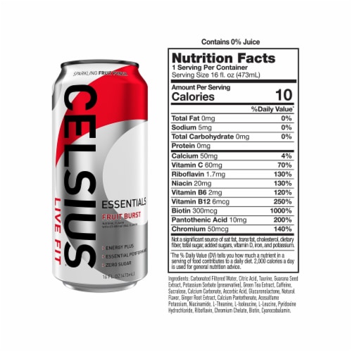 CELSIUS ESSENTIALS Sparkling Fruit Burst Energy Drink Can Perspective: right