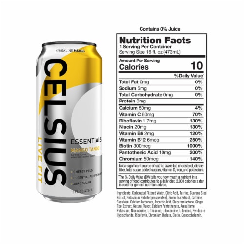 CELSIUS ESSENTIALS™ Sparkling Mango Tango Energy Drink Can Perspective: right