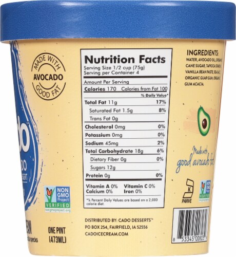 Cado Dairy Free Vanilla Bean Frozen Dessert Pint Perspective: right