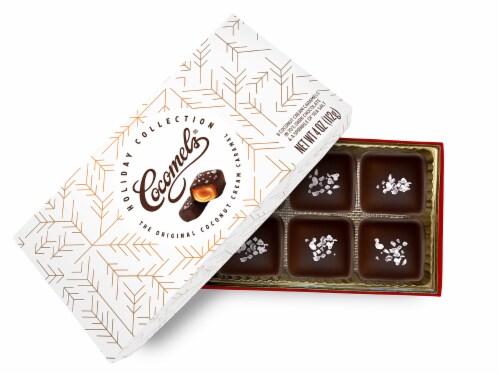 Cocomels® Dark Chocolate & Sea Salt Caramel Squares Holiday Gift Box Perspective: right