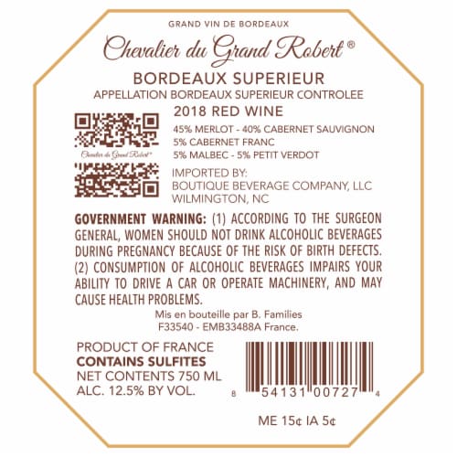 Chevalier du Grand Robert Bordeaux Superieur Red Blend Wine Perspective: right