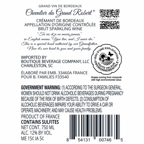 Chevalier du Grand Robert Cremant de Bordeaux Brut White Wine Perspective: right