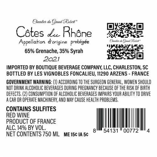 Chevalier du Grand Robert® Cotes du Rhone Rouge French Red Wine Perspective: right