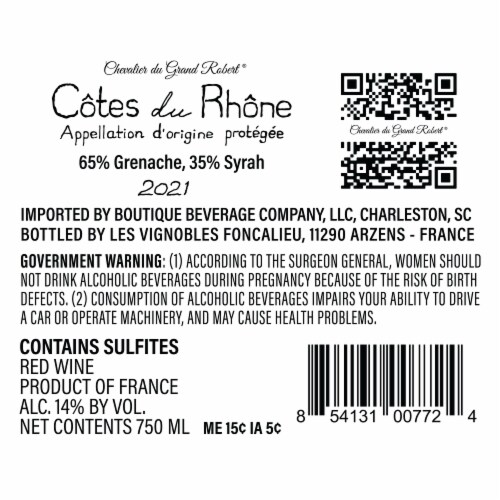 Chevalier du Grand Robert® Cotes du Rhone Rouge French Red Wine Perspective: right