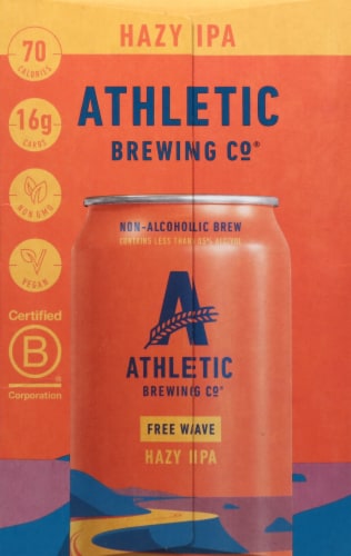 Athletic Brewing Co. Free Wave Hazy IPA Craft Non-Alcoholic Beer Cans Perspective: right