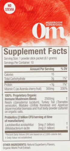 OM Immune+ Dietary Supplement Powder Drink Mix Stick Packets 10 Count Perspective: right