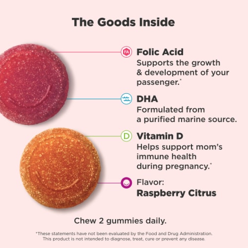 OLLY Essential Prenatal Multivitamin With Folic Acid DHA Omega-3 Citrus Flavor Gummy Supplement Perspective: right