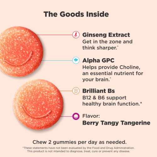 OLLY Laser Focus Tangerine Flavor Gummy Supplement Ginseng Extract and Vitamin B12 Perspective: right