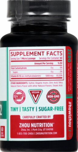 Zhou Methyl B-12 Natural Cherry Flavor Dietary Supplement Micro Lozenges Perspective: right
