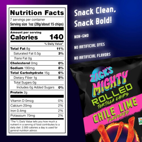 Zack's Mighty Chile Lime Rolled Tortilla Chips, 7 oz Film Bag, No Artificial Colors or Dye Perspective: right