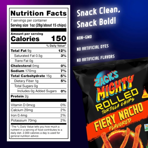 Zack's Mighty Fiery Nacho Rolled Tortilla Chips, 7 oz Film Bag, No Artificial Colors or Dye Perspective: right