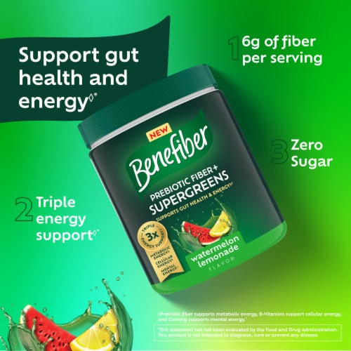 Benefiber Prebiotic Fiber + Supergreens Dietary Supplement Powder, Watermelon Lemonade Flavor Perspective: right
