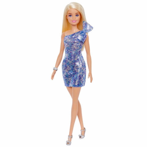 Barbie® Blonde Hair Blue Eyes with Short Blue Sequins Mini Dress and Silver Platform Shoes Perspective: right