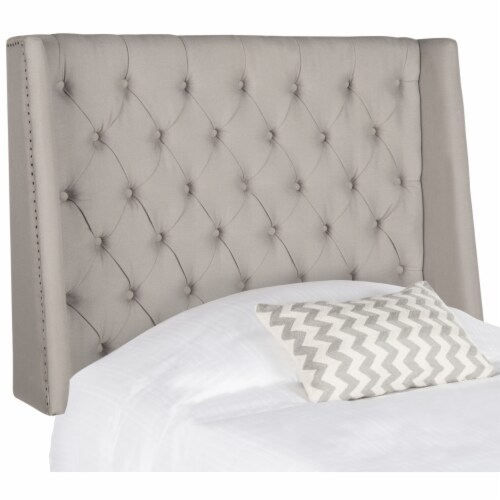 SAFAVIEH London Winged Linen Headboard Flat Nail Head Taupe Full Perspective: right