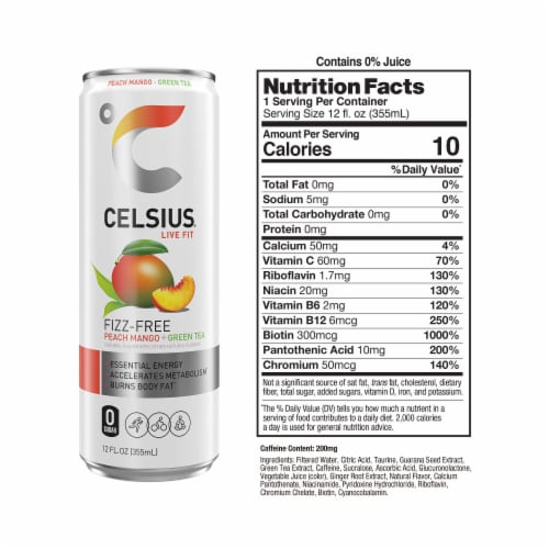 CELSIUS® Fizz Free Peach Mango Green Tea Energy Drink Can Perspective: right