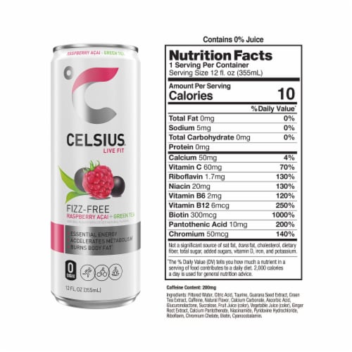 CELSIUS® Fizz Free Raspberry Acai Green Tea Energy Drink Can Perspective: right