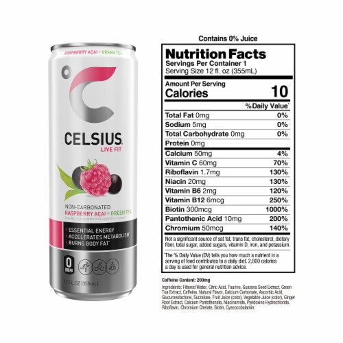CELSIUS Raspberry Acai Green Tea Energy Drink Multipack Cans Perspective: right