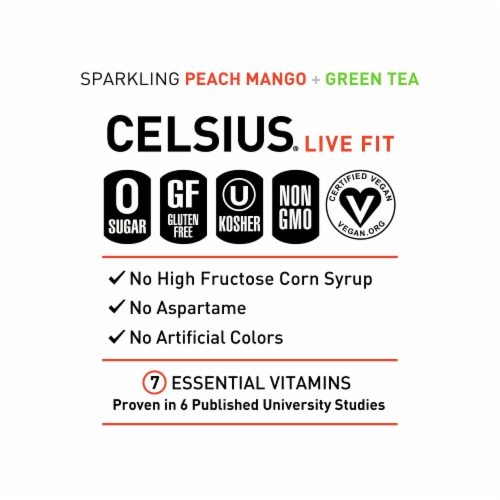 CELSIUS Peach Mango Green Tea Energy Drink Perspective: right