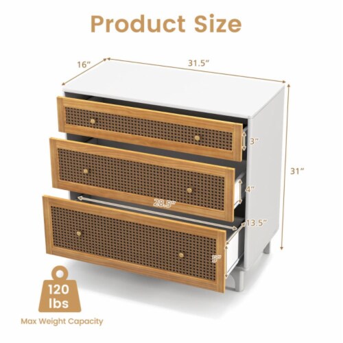 Hivvago 3-Drawer Rattan Dresser Chest with Anti-toppling Device-Brown Perspective: right