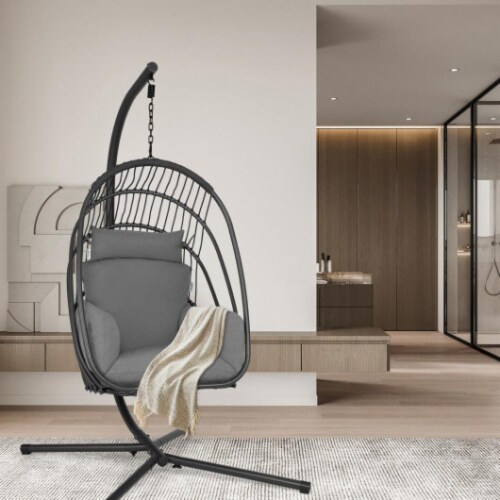 Hivvago Hanging Folding Egg Chair with Stand Soft Cushion Pillow Swing Hammock-Gray Perspective: right