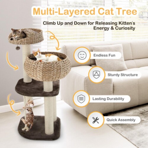 Hivvago 41 Inch Rattan Cat Tree with Napping Perch-Beige Perspective: right
