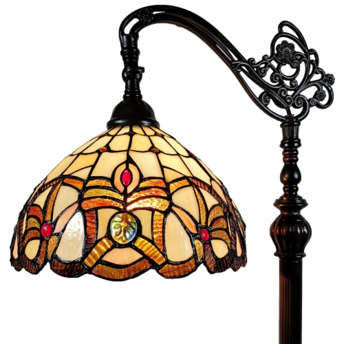62 inch Brown Metal Arched Floor Lamp With Amber and Red Flowers Stained Glass Shade 1 Baker s