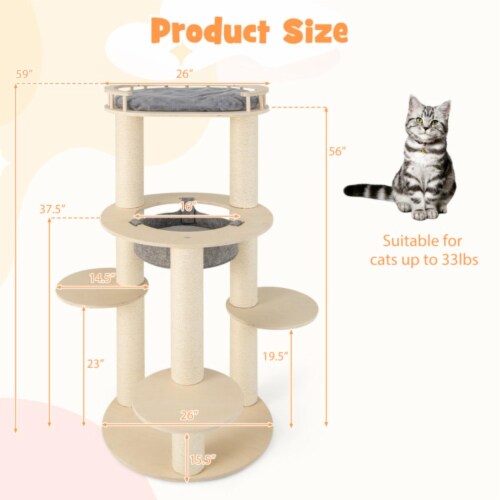 Hivvago 5-level Wooden Cat Tree with Padded Perch Non-woven Hammock-Gray Perspective: right
