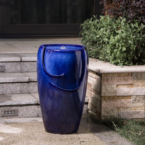 Glitzhome Ceramic Outdoor Fountain with Pump and LED Light - Cobalt Blue Perspective: right