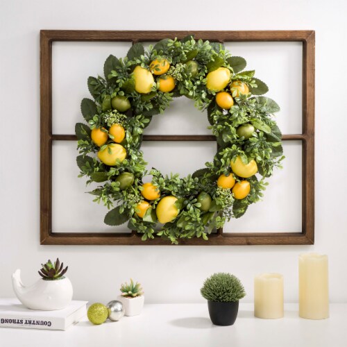 Glitzhome Wooden Window Frame with Greenery Lemmon Wreath Perspective: right
