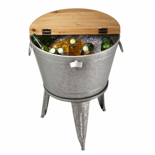 Glitzhome Galvanized Storage Side Table Multi-Use Beverage Tub with Wooden Lid Perspective: right
