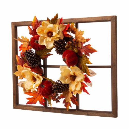 Glitzhome Blooming Magnolia Wooden Window Frame Wreath Perspective: right