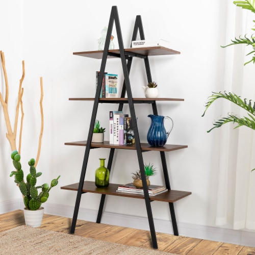 Glitzhome Metal & Wooden 4-Tier Bookcase and Ladder Shelves - Black/Walnut Perspective: right