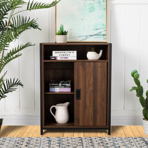 Glitzhome Wooden Metal Floor Cabinet with Double Sliding Doors - Walnut/Black Perspective: right