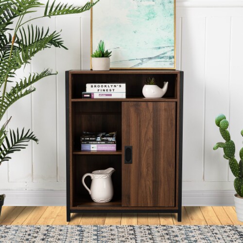 Glitzhome Wooden Metal Floor Cabinet with Double Sliding Doors - Walnut/Black Perspective: right