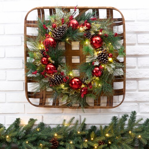 Glitzhome Wooden Window Frame & Pre-Lit LED Pinecone & Ornament Wreath Perspective: right