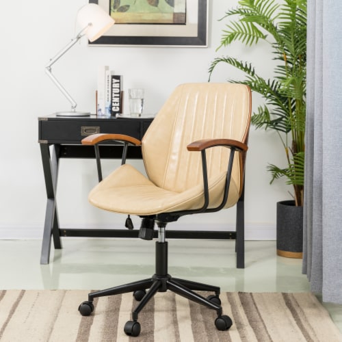 Glitzhome 38 Inch Height Cream Leatherette Gaslift Adjustable Swivel Office Chair Perspective: right