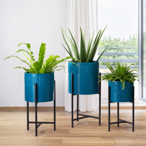 Glitzhome Modern Glossy Metal Plant Stands - Blue Perspective: right