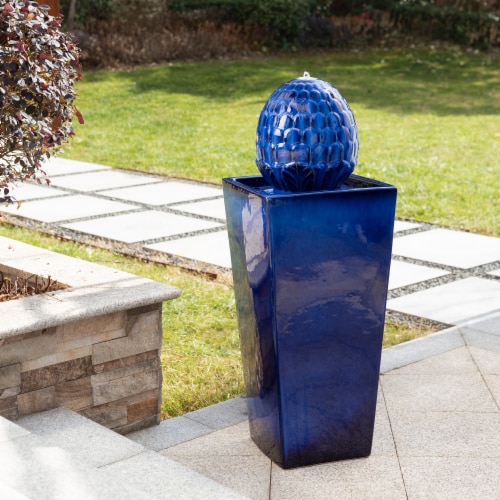 Glitzhome Ceramic Sphere Pedestal Fountain - Blue Perspective: right