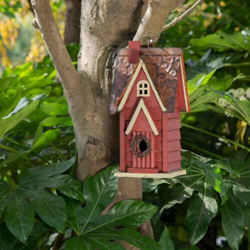 Glitzhome Hanging Distressed Wooden Cottage Birdhouse - Red Perspective: right